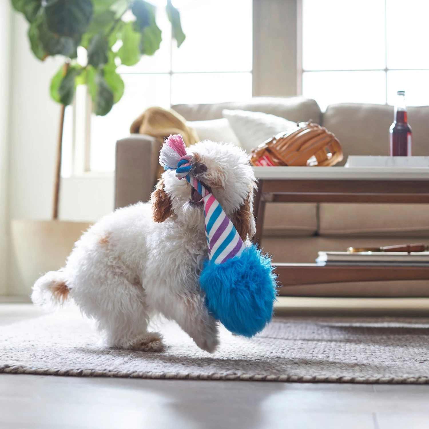 Frisco Baseball Cotton Candy Plush With Rope Squeaky Dog Toy - Image 3