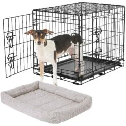 Frisco Fold & Carry Double Door Collapsible Wire Dog Crate & Frisco Gray Basket Weave Dog Crate Mat