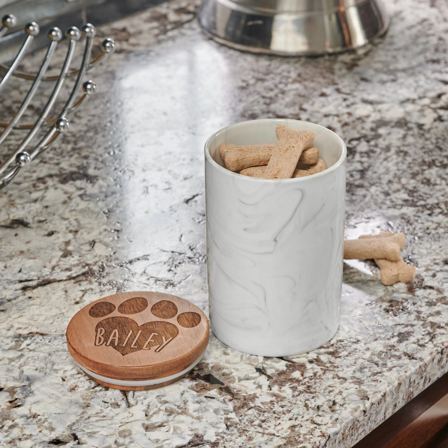 Frisco Ceramic Marble Print Personalized Treat Jar With Wood Lid, 3.75 Cups - Image 3