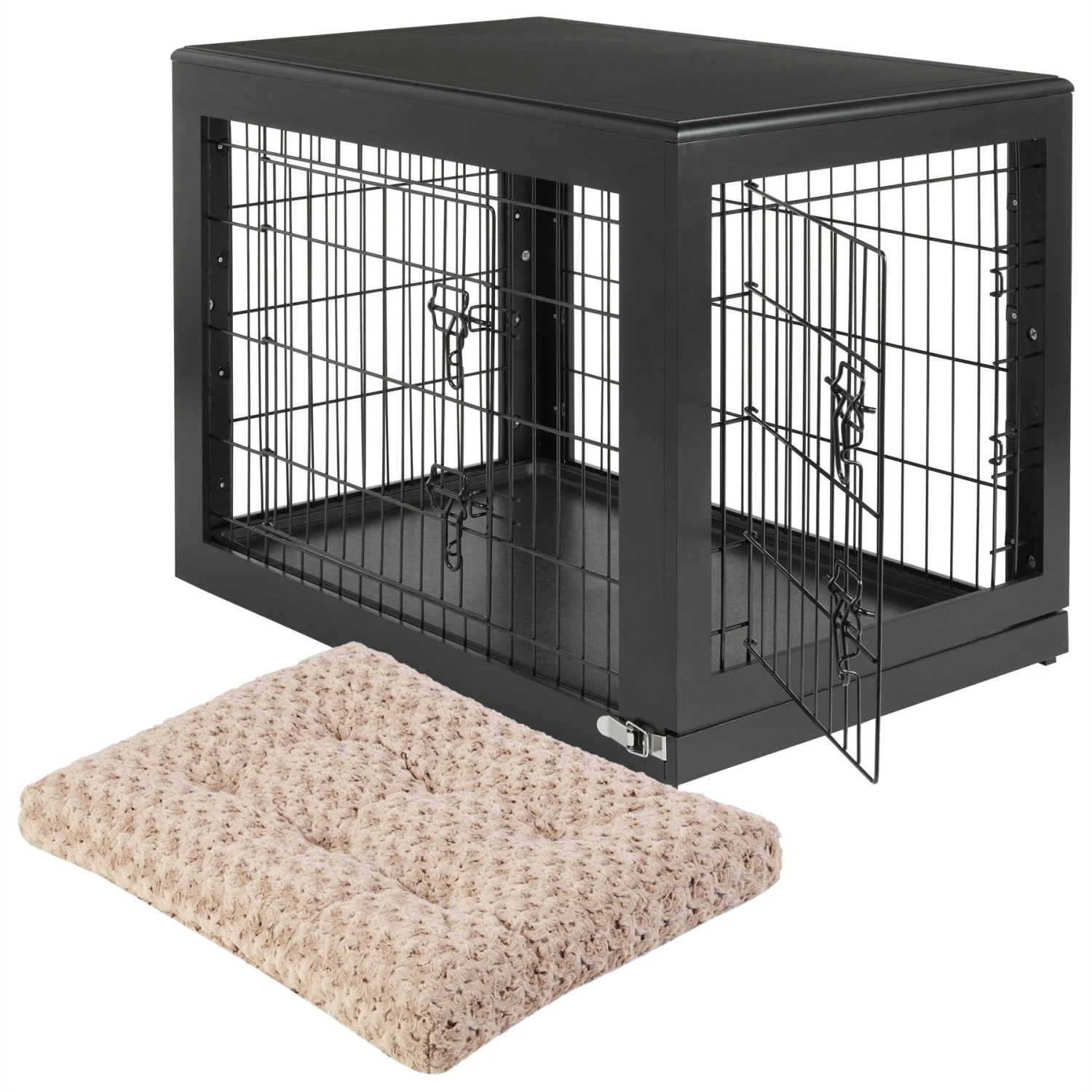Frisco Double Door Furniture Style Dog Crate, Black & Frisco Swirl Dog Crate Mat